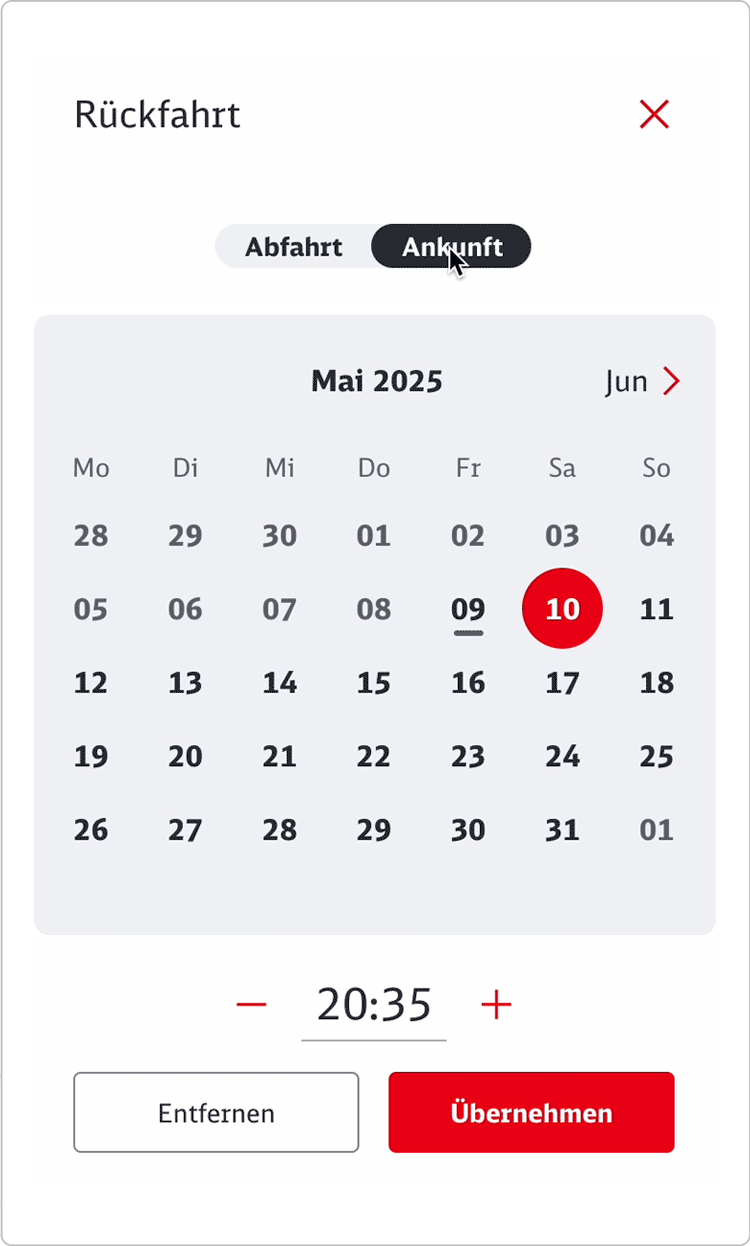 Kalenderansicht zur Rückfahrtbuchung in einer App. Der 17. Januar 2025 ist als Datum ausgewählt.