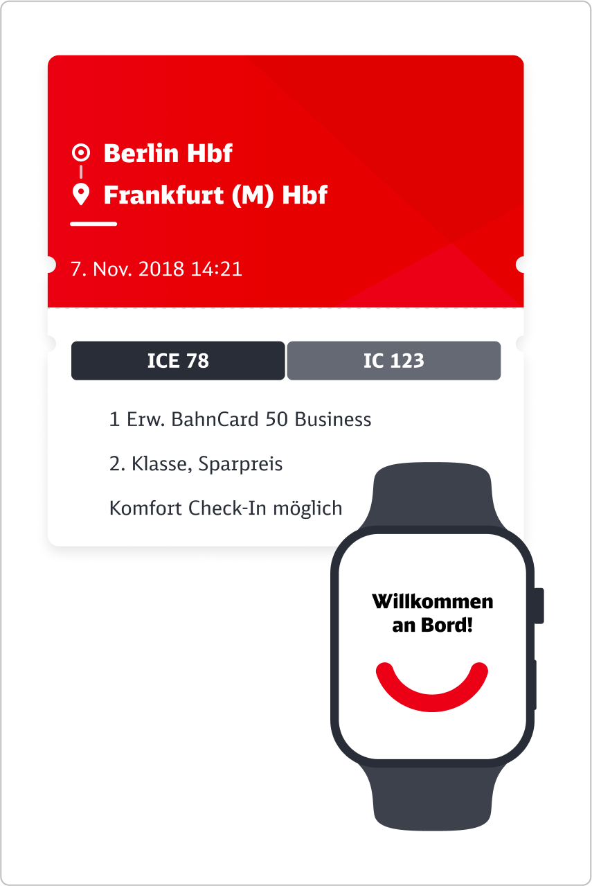 Digitale Fahrkarte Berlin–Frankfurt mit Uhr für Komfort Check-in. Anzeige: „Willkommen an Bord!“
