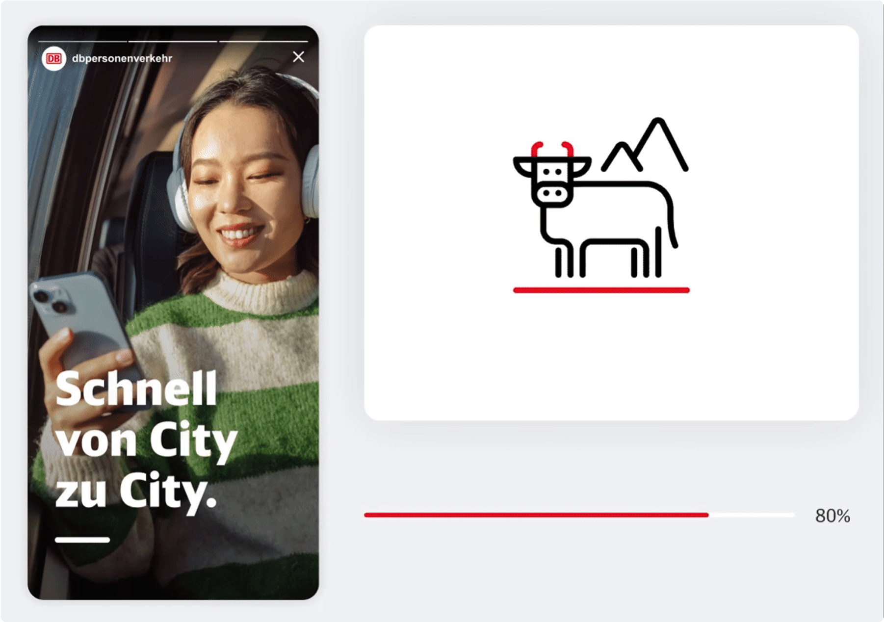 Frau mit Kopfhörern im Zug schaut aufs Handy. Text: „Schnell von City zu City.“ Rechts: Icon einer Kuh vor Bergen.