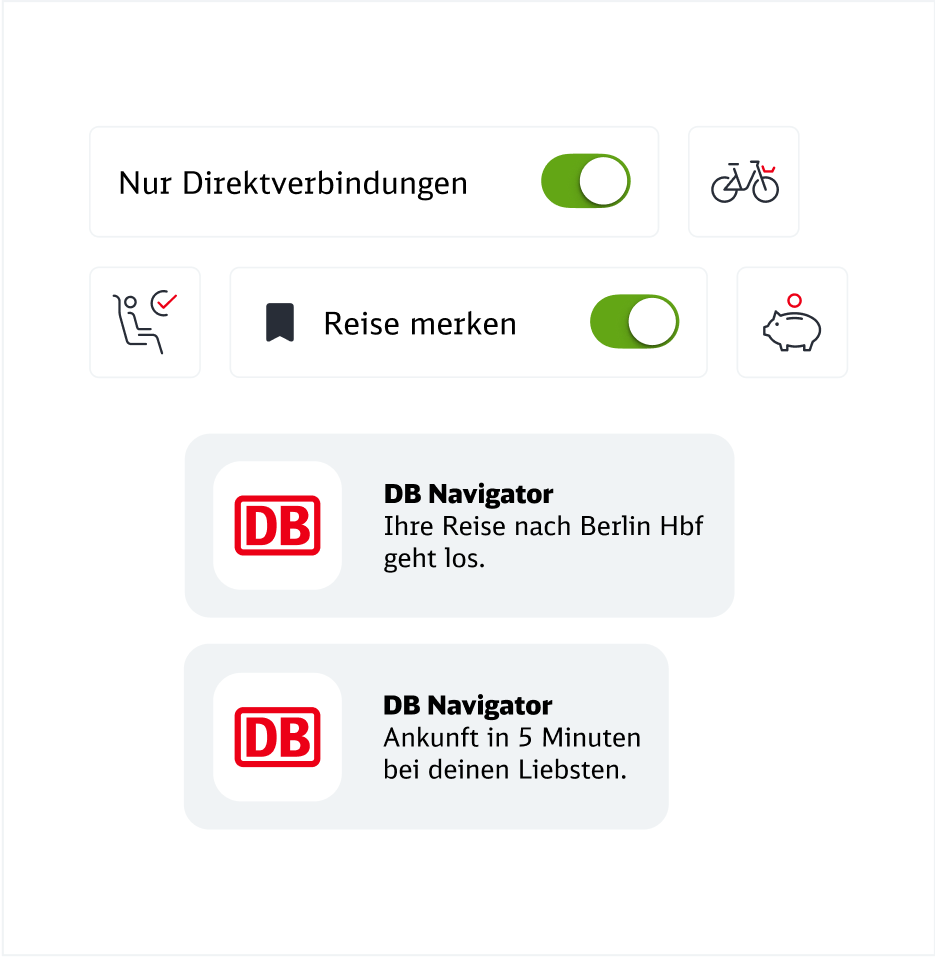 Anzeige der DB Navigator App: Direktverbindungen, Fahrradmitnahme, Sitzplatzreservierung und Benachrichtigungen zu Reisen.