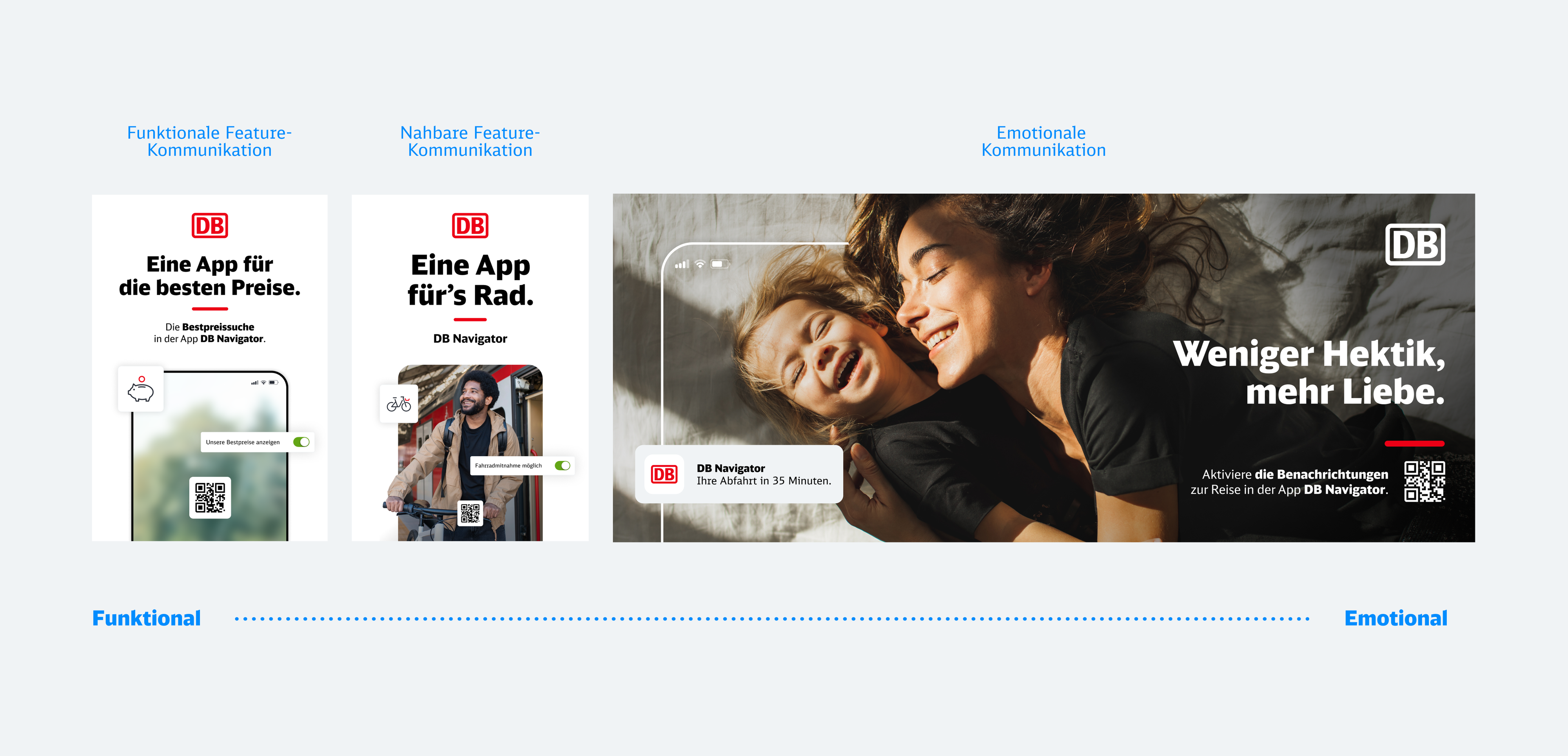 Anzeige für die DB Navigator App mit Fokus auf Bestpreis-Suche, Fahrradmitnahme und Benachrichtigungsfunktionen.