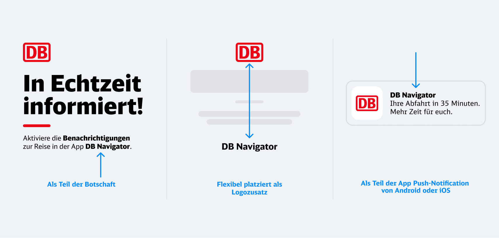 Werbung zur DB Navigator App: Echtzeit-Infos, flexible Zusatzmarkierungen und Push-Benachrichtigungen für Reisende.