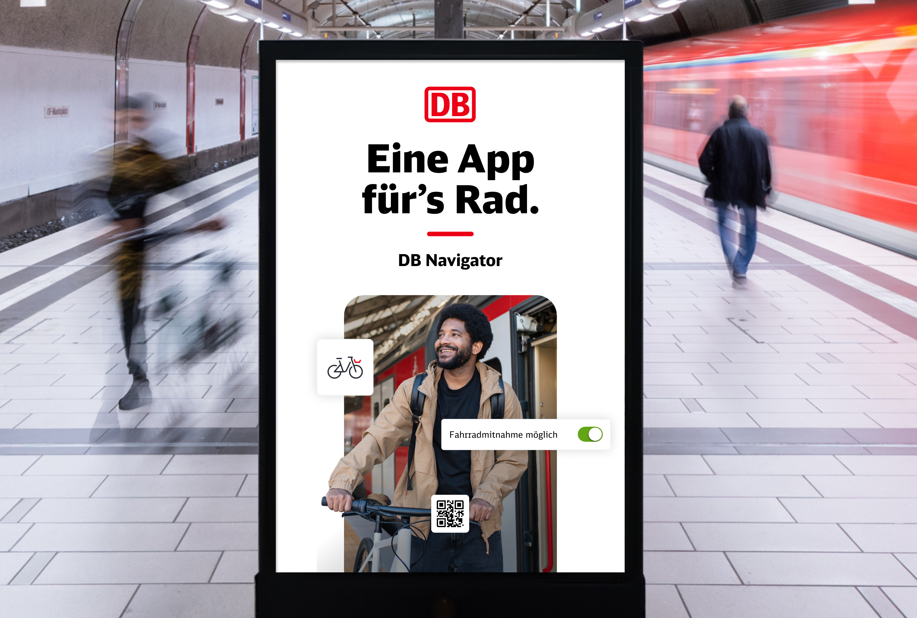 Werbung der Deutschen Bahn: DB Navigator, App-Hinweis zur Fahrradmitnahme, QR-Code für weitere Informationen.