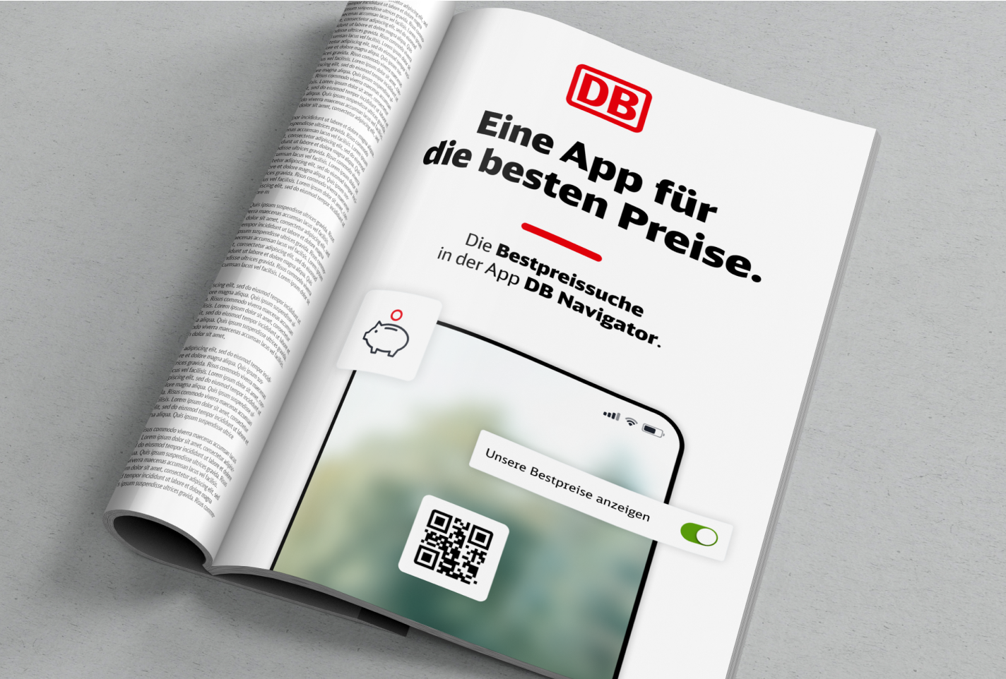 Anzeige für die DB Navigator App mit Hinweis auf die Bestpreis-Suche.